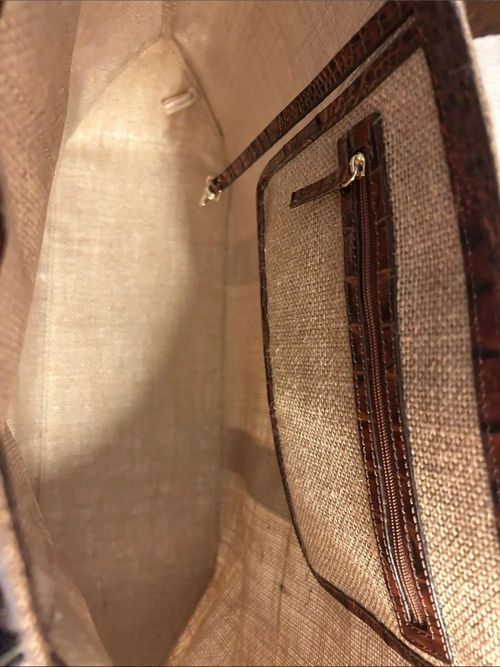 Brahmin Natural Jute Tote with Brown Trim and White Branded Webbing